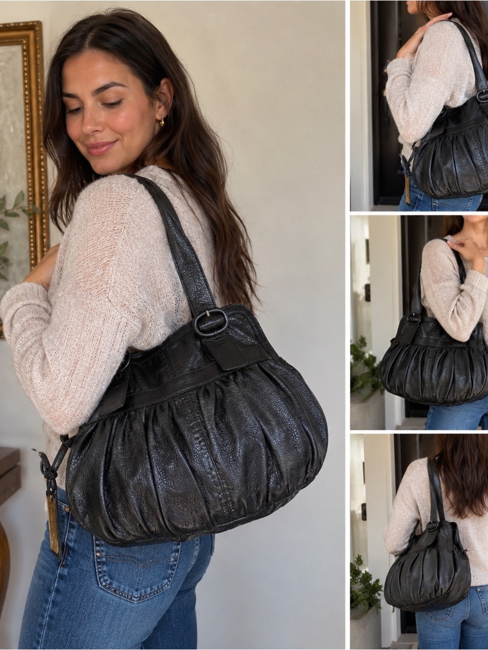 Cole Haan Black Pebbled Leather Hobo Bag Ruched Slouchy Shoulder Purse Y2K